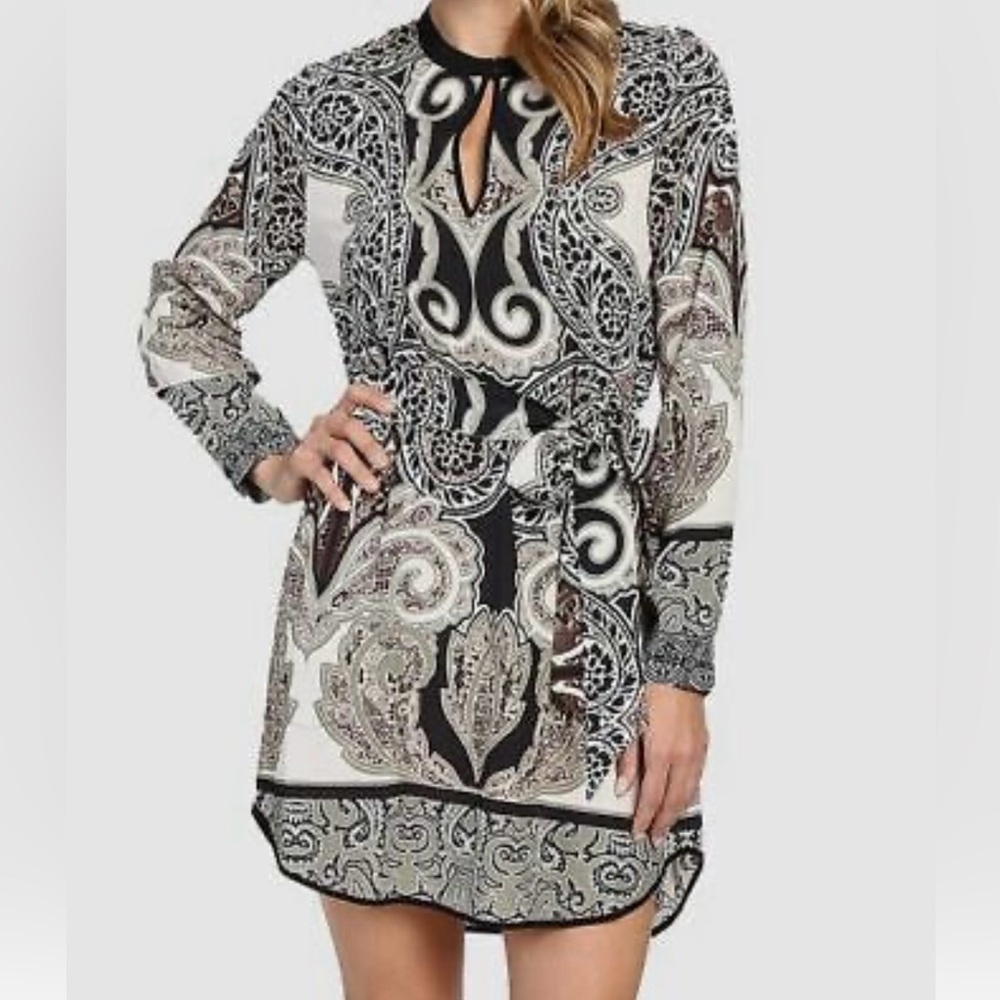 Hale Bob Women Ivory High-Neck Long-Sleeve Keyhole Fit & Flare Mini Dress S